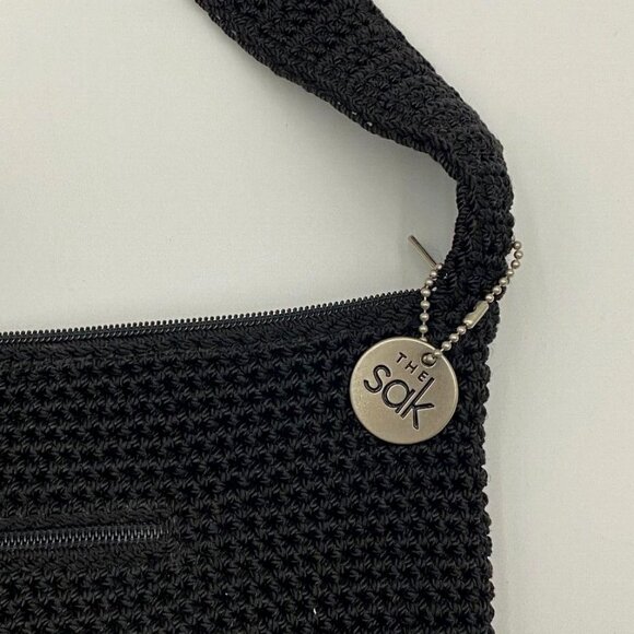 The Sak Crochet Handbag Black 12x10" Shoulder Bag Purse Carry Zipper Top - Picture 5 of 8